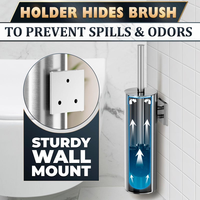 NOVSIX Silver Modern Toilet Brush and Holder Set with Wall Mount - Stainless Steel Toilet Brush with Holder - Removable Inner Bowl  Shiny Design  Splash Protection & Dense Bristles for Bathroom Cleaning - Image 5
